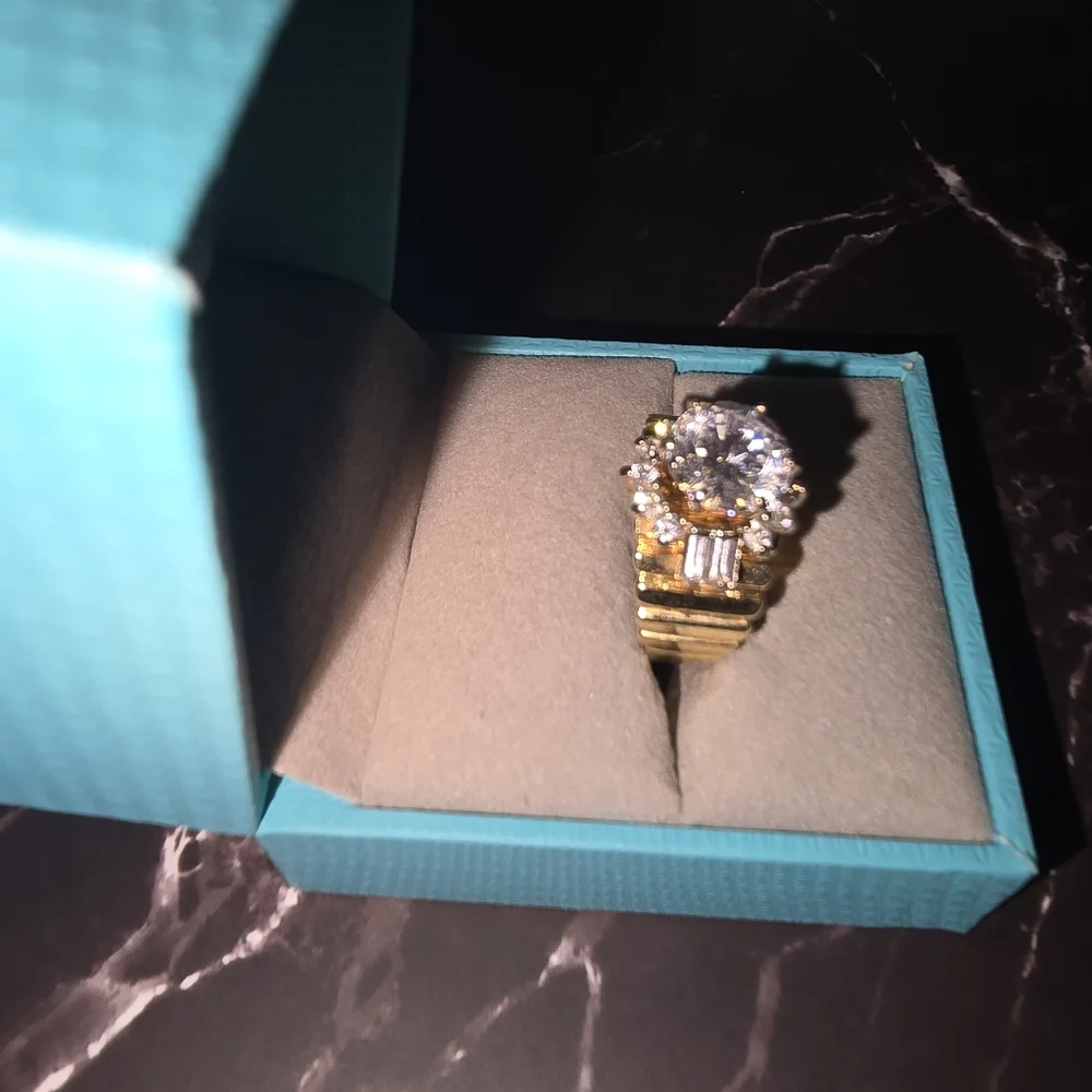 14K Gold CZ Statement Ring Large 3–4 Carat Look Halo Baguette - Picture 6 of 7